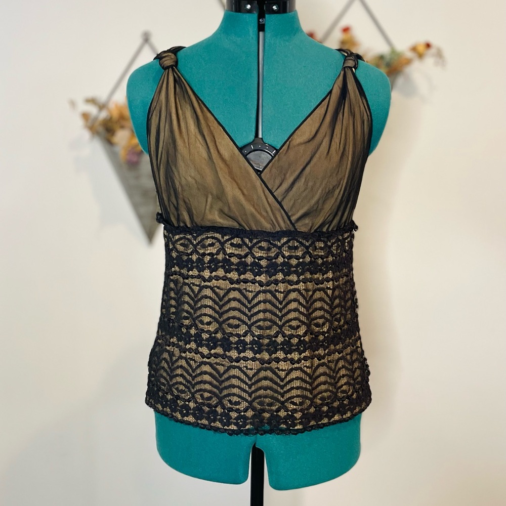 Max Studio Black and Tan Lace Overlay Tank Top